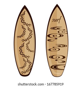 a brown surfboard with flower and waves textures