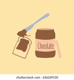 brown sweet chocolate spread & paste container or jar with label clean vector & cream with a simple knife cartoon isolated. one Slice of modern flat design bread or toast. Knife & tasty spreading
