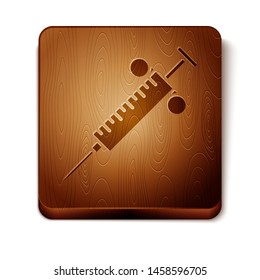 Brown Syringe icon isolated on white background. Syringe for vaccine, vaccination, injection, flu shot. Medical equipment. Wooden square button. Vector Illustration