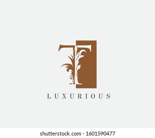 Brown T Letter Classic Floral Logo. Luxury T Swirl Square Logo Icon