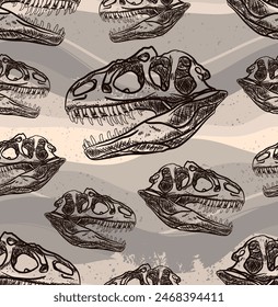 Brown T rex skull seamless pattern with earth ground at background