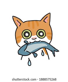 Brown tabby cat eating fish hand writing vector cartoon illustration