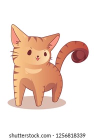 A brown tabby cat is standing with opening little mouth and forming tile in circle 