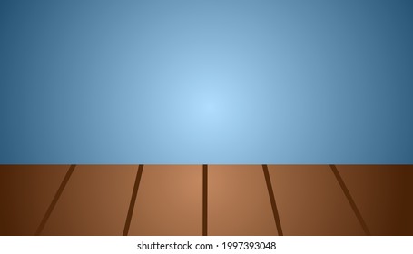 Brown table background, view from the inside looking out with blue color. for product.