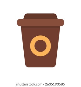 Brown takeaway coffee cup with yellow circle logo in flat vector style isolated on white background