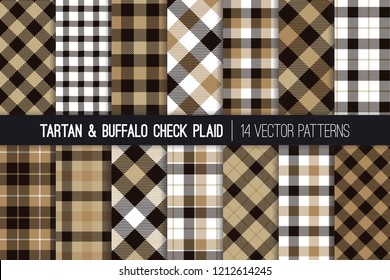 Brown, Tan, Black and White Tartan and Buffalo Check Plaid Vector Patterns. Hipster Lumberjack Flannel Shirt Fabric Textures. Men's Fashion. Father's Day Background. Pattern Tile Swatches Included.