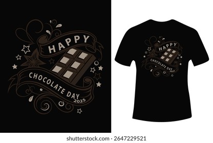 A brown and tan design for a t-shirt celebrating Happy Chocolate Day 2025, featuring a chocolate bar and ribbon.