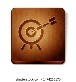 Brown Target with arrow icon isolated on white background. Dart board sign. Archery board icon. Dartboard sign. Business goal concept. Wooden square button. Vector Illustration