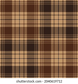 Brown tartan plaid patchwork. Scottish pattern fabric swatch close-up.