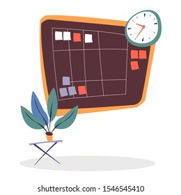 Brown task board with spreadsheet with tasks, notes on pinned paper stickers. Clock on wall and plant in pot on table. Room interior of office for business appointments. Vector illustration flat style