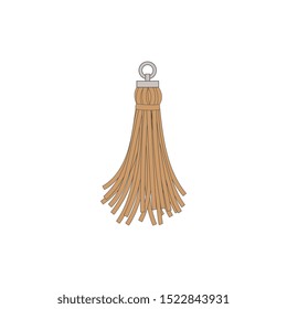 Brown tassel with fringe, decorative decoration and accessory for bag. Thread and cord brush, fashion concept. Isolated vector illustration of a fringe tassel.