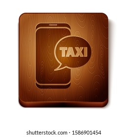 Brown Taxi call telephone service icon isolated on white background. Taxi for smartphone. Wooden square button. Vector Illustration