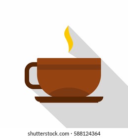 Brown tea cup and saucer icon. Flat illustration of brown tea cup and saucer vector icon for web isolated on white background