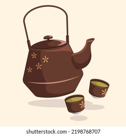 Té marrón y taza de té con iluminación vectorial de decoración de flores | Té verde tradicional | Té-time y almuerzo | Elemento de diseño plano para bebidas asiáticas aisladas