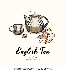 Brown teapot, cup, croissants hand drawn vector illustration old style for cafe menu, logo, banner, flayer, coffee shop, sticker, flyer. Tea time illustration. Coffee break graphic. Ink line sketch.