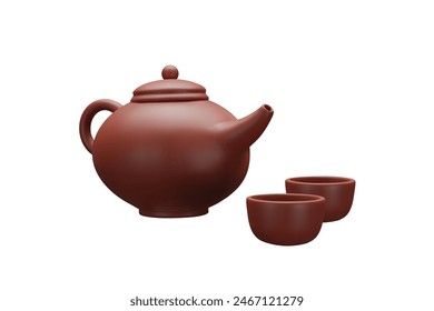 Tetera marrón con tazas de plástico 3D icono de dibujos animados. Volumétrica alfarería ficticia, arcilla teakettle Vector render ilustración aislado en blanco. Juego tradicional de ceremonia del té japonés o chino