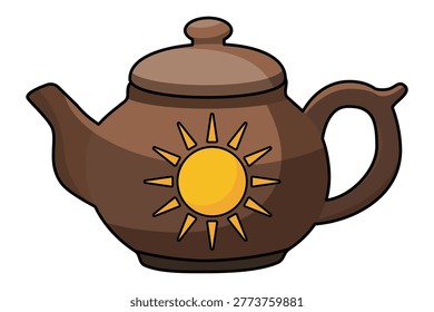 Brown teapot featuring bright sun emblem. Daytime tea illustration for boosting productivity creativity and performance. Energizing herbal brew concept