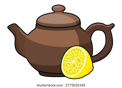 Brown teapot next to yellow lemon slice. Lemon tea infusion concept. Refreshing fruit beverage for herbal drink and afternoon relaxation