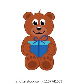 brown teddy bear with blue gift vector illustration EPS10