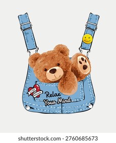 brown teddy bear in blue overall denim pocket vector illustration