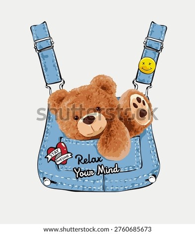 brown teddy bear in blue overall denim pocket vector illustration