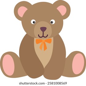 Brown teddy bear with a bow. Сute illustration with a soft children's toy on a transparent background