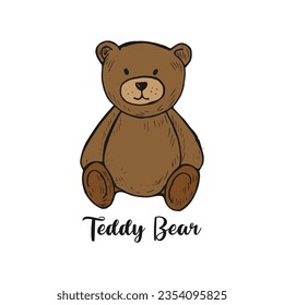 Brown teddy bear cute adorable hand-drawn doodle cartoon vector line art.