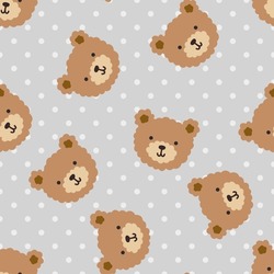Brown Teddy Bear Cute Hand Drawn Face On A Polka Dot Texture, Neutral Grey Seamless Pattern Background
