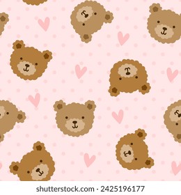 brown teddy bear cute hand drawn face on a polka dot texture, pastel color pink seamless pattern background