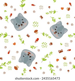 brown teddy bear cute hand drawn face on a polka dot texture, neutral grey seamless pattern background
