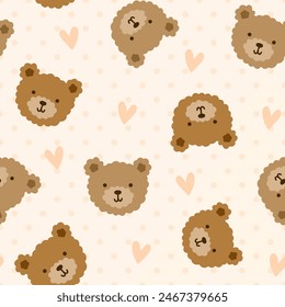 brown teddy bear cute hand drawn face with hearts and polka dot texture, pastel beige seamless pattern background