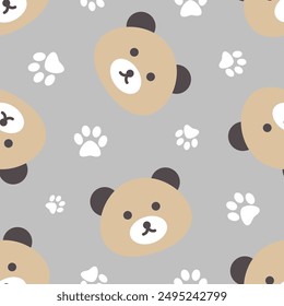 oso de peluche marrón lindo cara dibujada a mano en una textura gris neutra con estampados de pie sin patrón de fondo