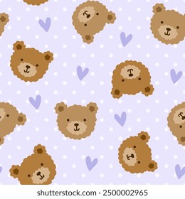 brown teddy bear cute hand drawn face with hearts and polka dot texture, pastel purple seamless pattern background