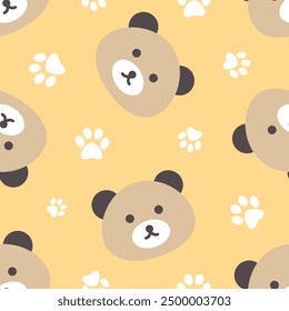 brown teddy bear cute hand drawn face on a warm yellow texture with foot prints seamless pattern background