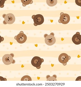 brown teddy bear cute hand drawn face with hearts and polka dot texture, pastel orange peach beige seamless pattern background