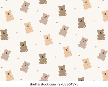 Oso de peluche marrón lindo dibujado a mano con corazones, fondo beige pastel sin fisuras