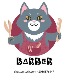 Brown teddy bear dressed in an apron holding out scissors and a comb signed barber. Cute cartoon character and a handwritten slogan. Flat style vector illustration. Suitable for icon, logo, label
