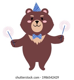 Brown teddy bear dressed in a party hat and bow tie holding out sparklers. Cute cartoon character. Flat style vector illustration. Suitable for icon, logo, label, sticker, clipart, t-shirt print.