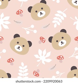 Brown teddy bear face with forest leaves and mushrooms on a pastel pink background, kids pajama colorful print for wrapping paper, fabric and textile. EPS 10 seamless pattern.