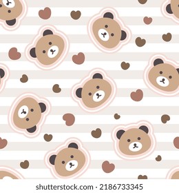 Brown teddy bear face pink sticker on a beige background with stripes and hearts, girly kawaii animals kids seamless pattern for wrapping paper, fabric and textile print