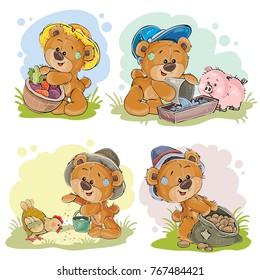 Brown teddy bear farmer, vector cartoon illustration isolated on white background. Toy bear is engaged in agriculture, is growing vegetables and breeding chickens and pigs