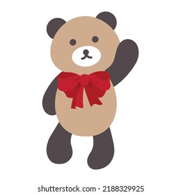 brown teddy bear full body cartoon toy character isolated on white in a greeting up hand pose and a bow tie, eps 10 vector illustration, the bow is separated from the bear