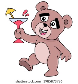 brown teddy bear partying with a drink, vector illustration art. doodle icon image kawaii.