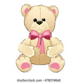 Brown Teddy bear with pink bow isolated on white background. Vector illustration.