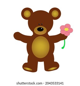 A brown teddy bear with pink flower in vector 