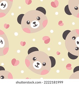 brown teddy bear with pink hearts and dots, kids seamless pattern background, deep blue color vector design for wrapping paper, fabric and textile print.