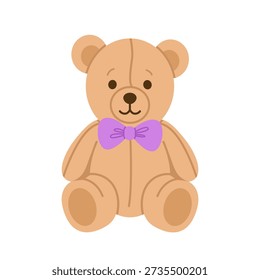 Brown Teddy Bear Plush Toy with Purple Bow. Cute Soft Fluffy Character Illustration. Friendly Cuddly Design
