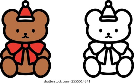 A brown teddy bear with a red hat. A Christmas gift. Christmas concept. Simple icons, characters, clipart with bold black lines. Vector.	