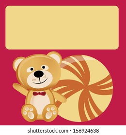 a brown teddy bear saying hi with a ball and bubble