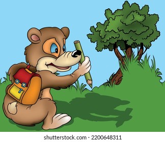 Oso de peluche marrón con una bolsa de colegio en la espalda y un cirílico verde en su pata - ilustración de caricatura de color con fondo, vector